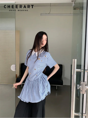 DAIIIBABYYY  -  Preppy Blue And White Striped Short Sleeve Dress Polo Collared Hollow Out Rings Mini Shirt Dress Women 2024 Summer